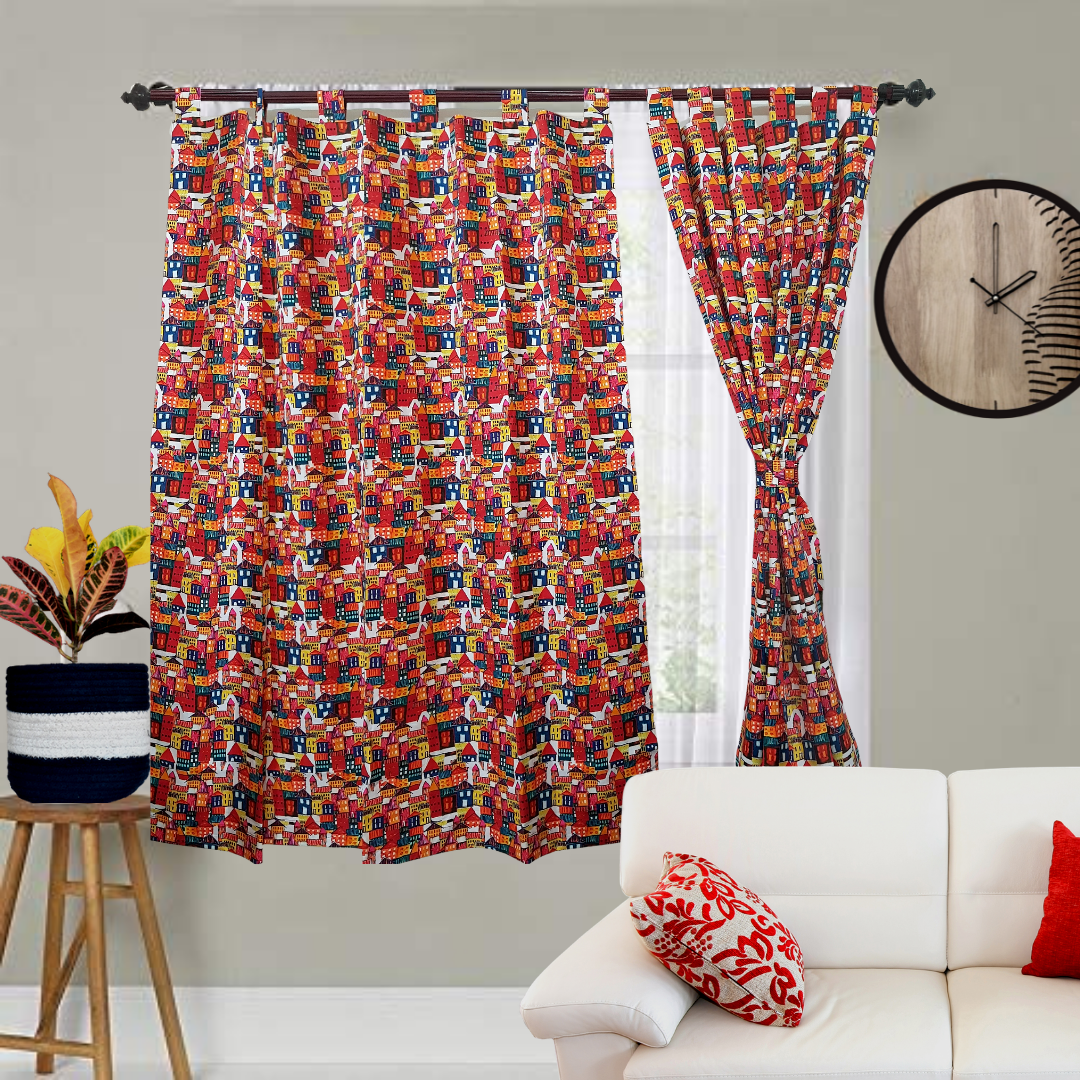 Colourful house Cotton Curtains 7ft (2 pieces)