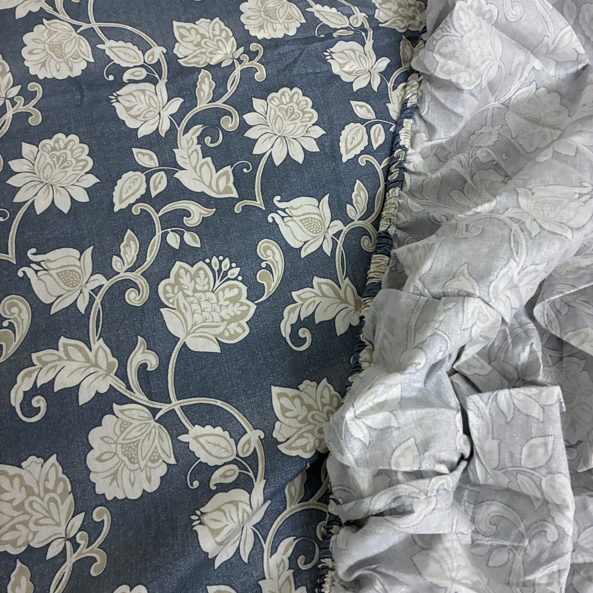 Grey Floral Queen Size Fitted Cotton Bedspread (2 pillow covers)