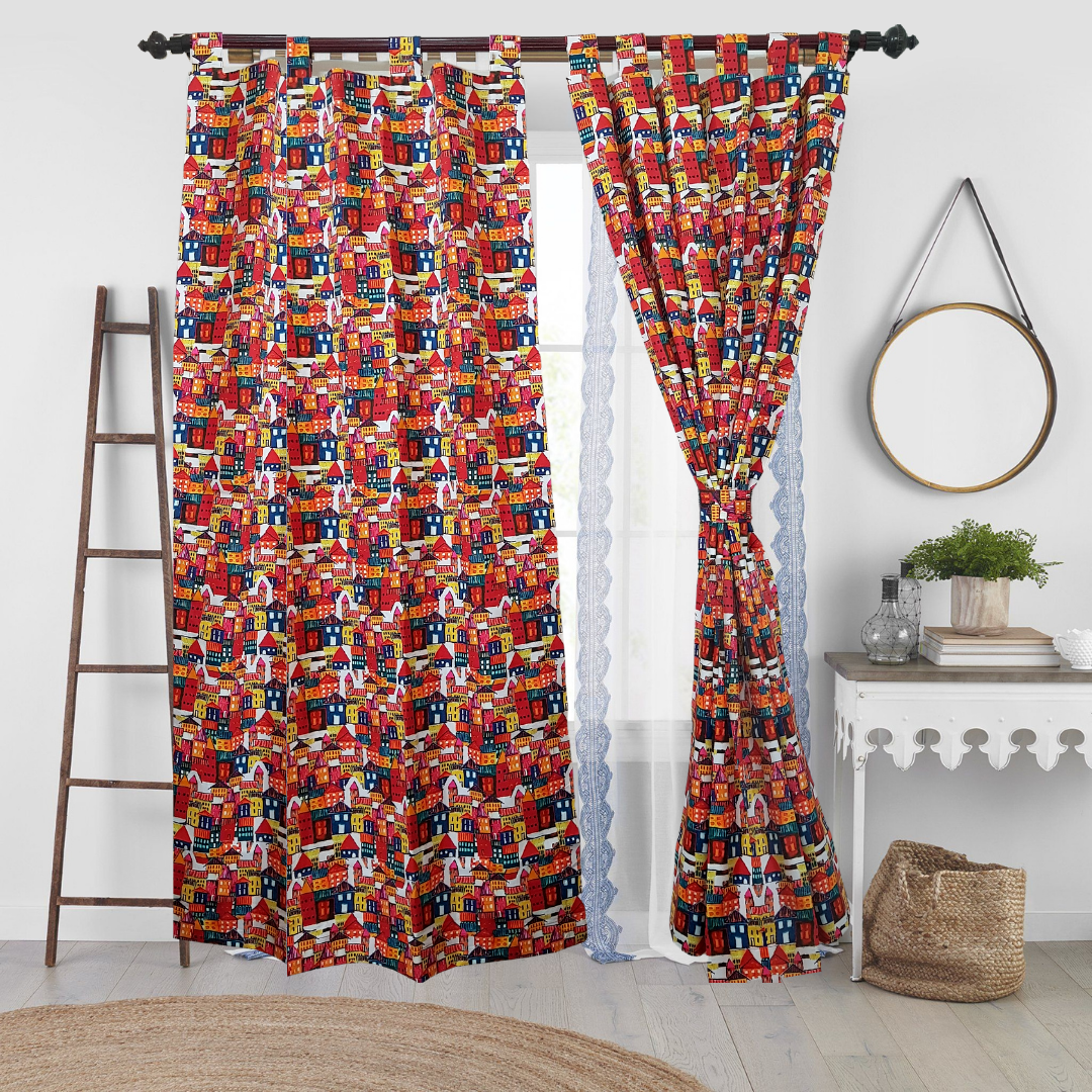 Colourful house Cotton Curtains 7ft (2 pieces)