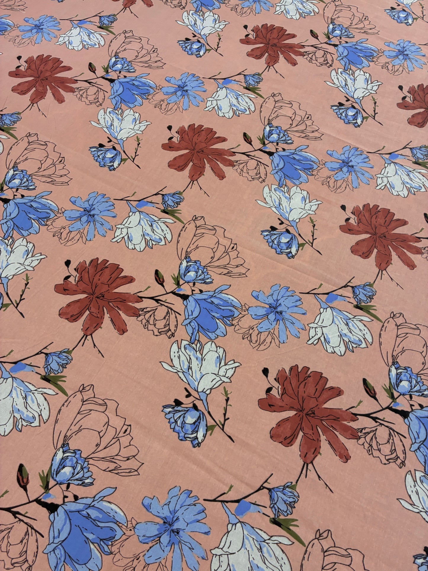 Peach Floral Fitted Cotton Bedspread (2 pillow covers)