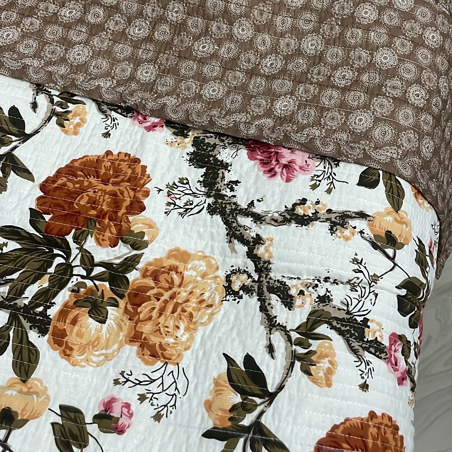 Brown Floral Reversible Double Size Quilt