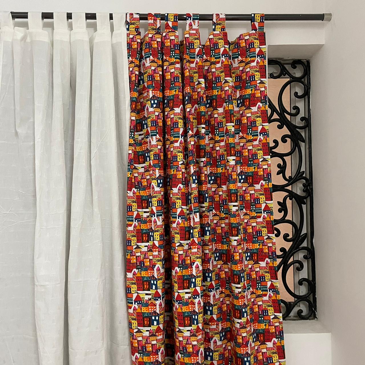 Colourful house Cotton Curtains 7ft (2 pieces)