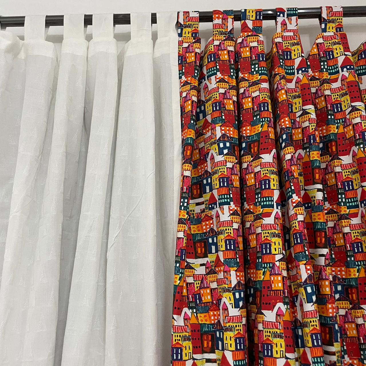 Colourful house Cotton Curtains 7ft (2 pieces)