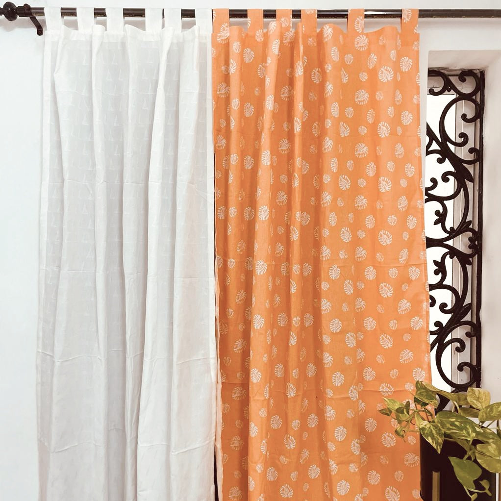 Orange monstera Cotton Curtains