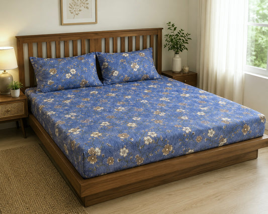 Blue Sakura Fitted Cotton Bedspread (2 pillow covers)