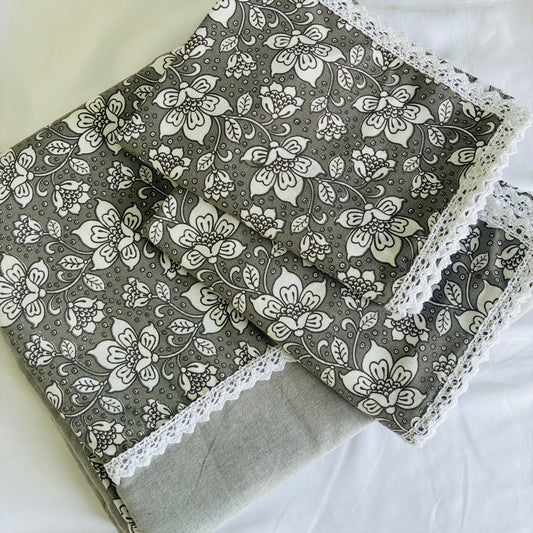Grey Floral Lace King Size Cotton Bedspread 100x110 in