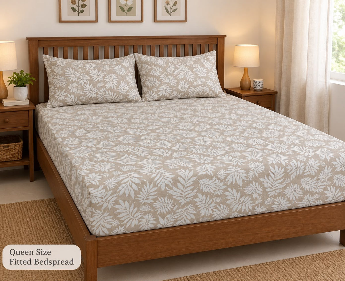 Brown Leaf Queen Size Fitted Cotton Bedspread (2 pillow covers)