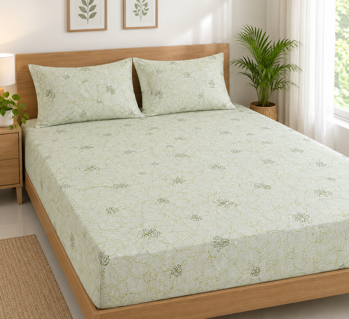 Light Green Floral Queen Size Fitted Cotton Bedspread (2 pillow covers)