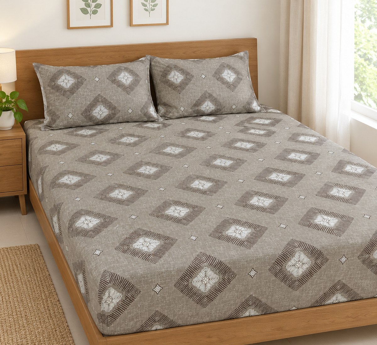 Brown Diamond Queen Size Fitted Cotton Bedspread (2 pillow covers)