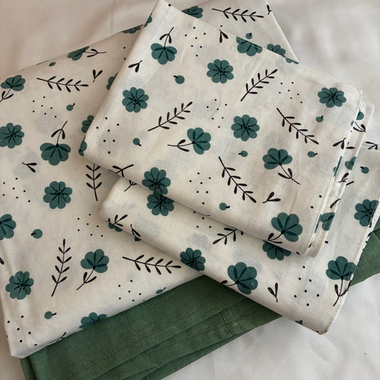 Green Floral King Size Cotton Bedspread 100x110 inches (2 pillow covers)