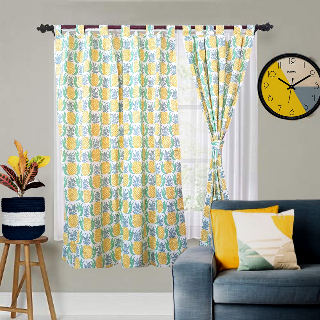 Yellow pineapple Cotton Curtains 7ft pair