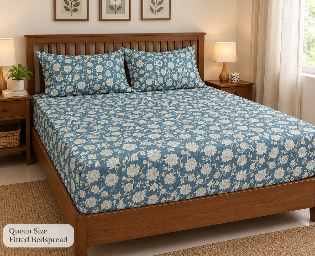Grey Floral Queen Size Fitted Cotton Bedspread (2 pillow covers)