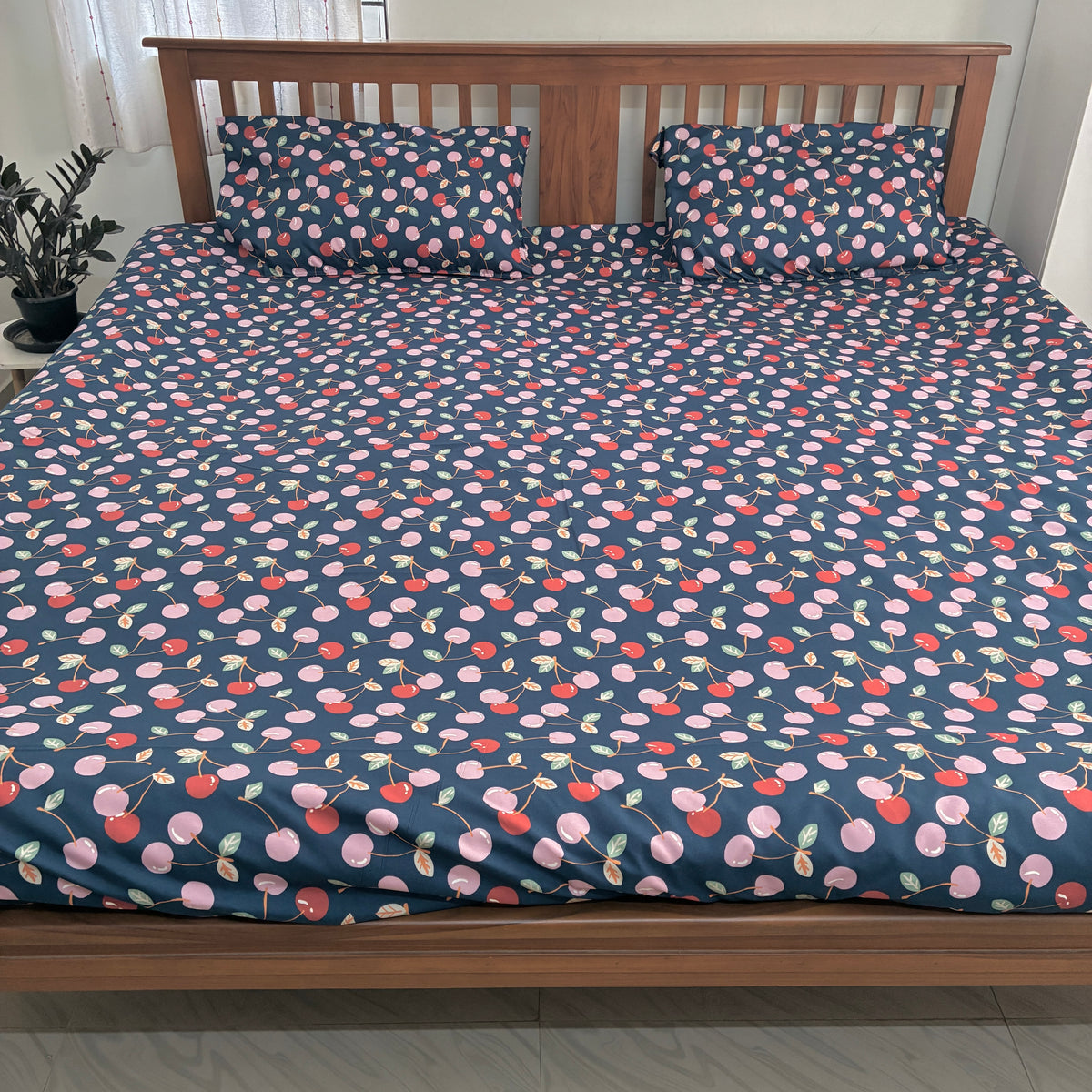 Blue Cherry Satin Cotton King Size Bedspread 100x110 inches