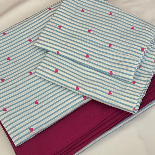 Blue Stripes Pink Heart  King Size Cotton Bedspread 100x110 in