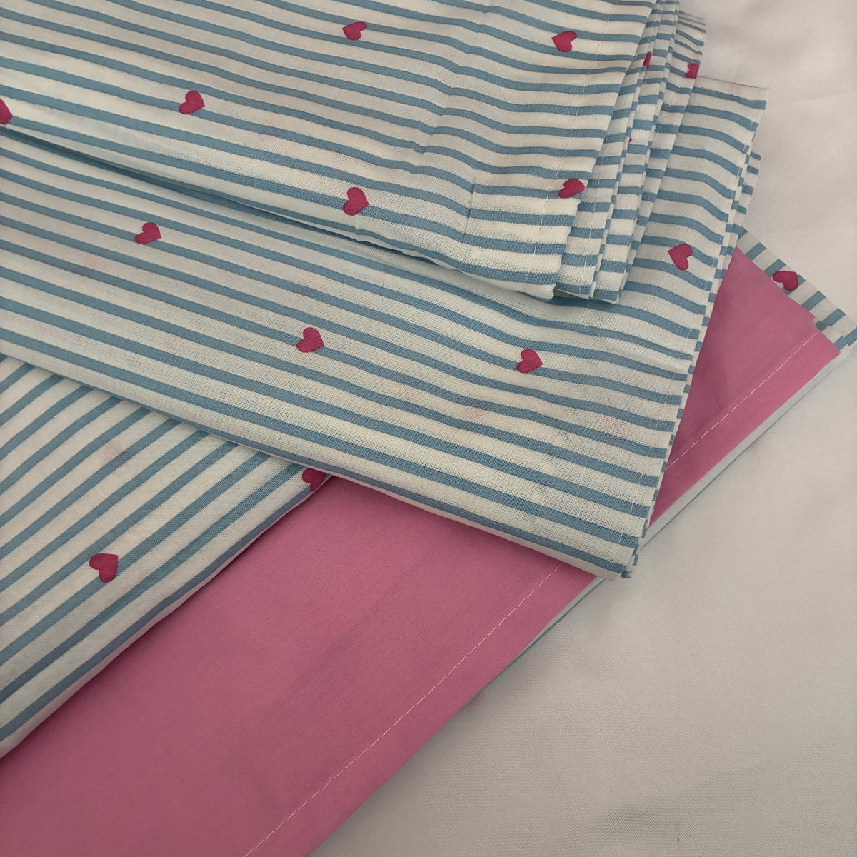 Blue Stripes Pink Heart  King Size Cotton Bedspread 100x110 in
