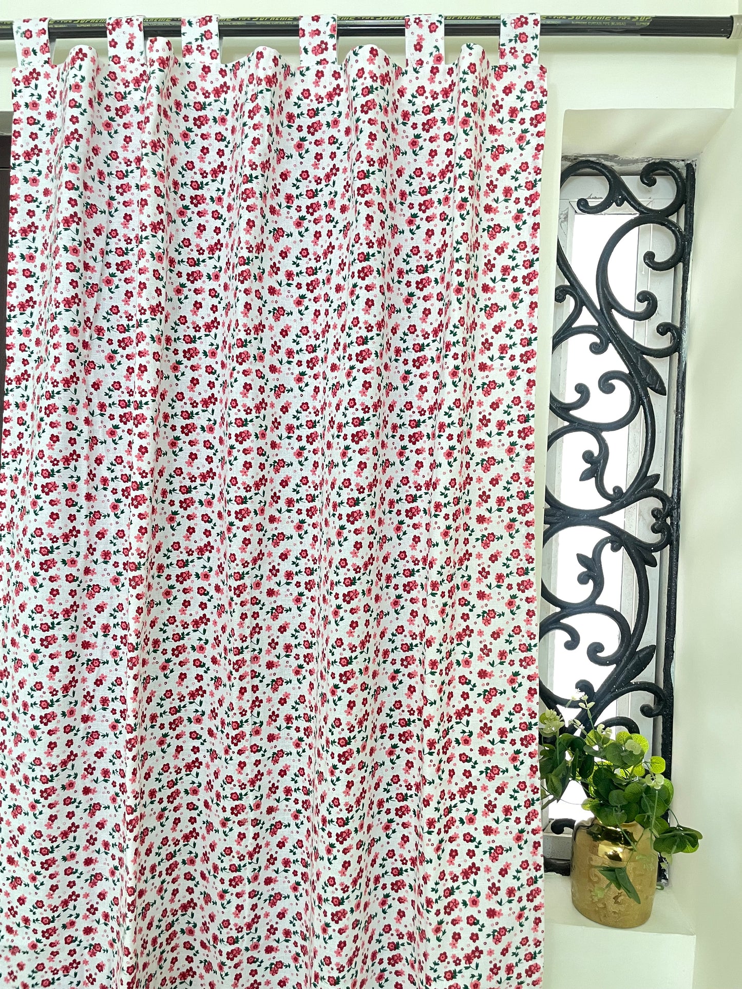 Red Floral Cotton Curtains