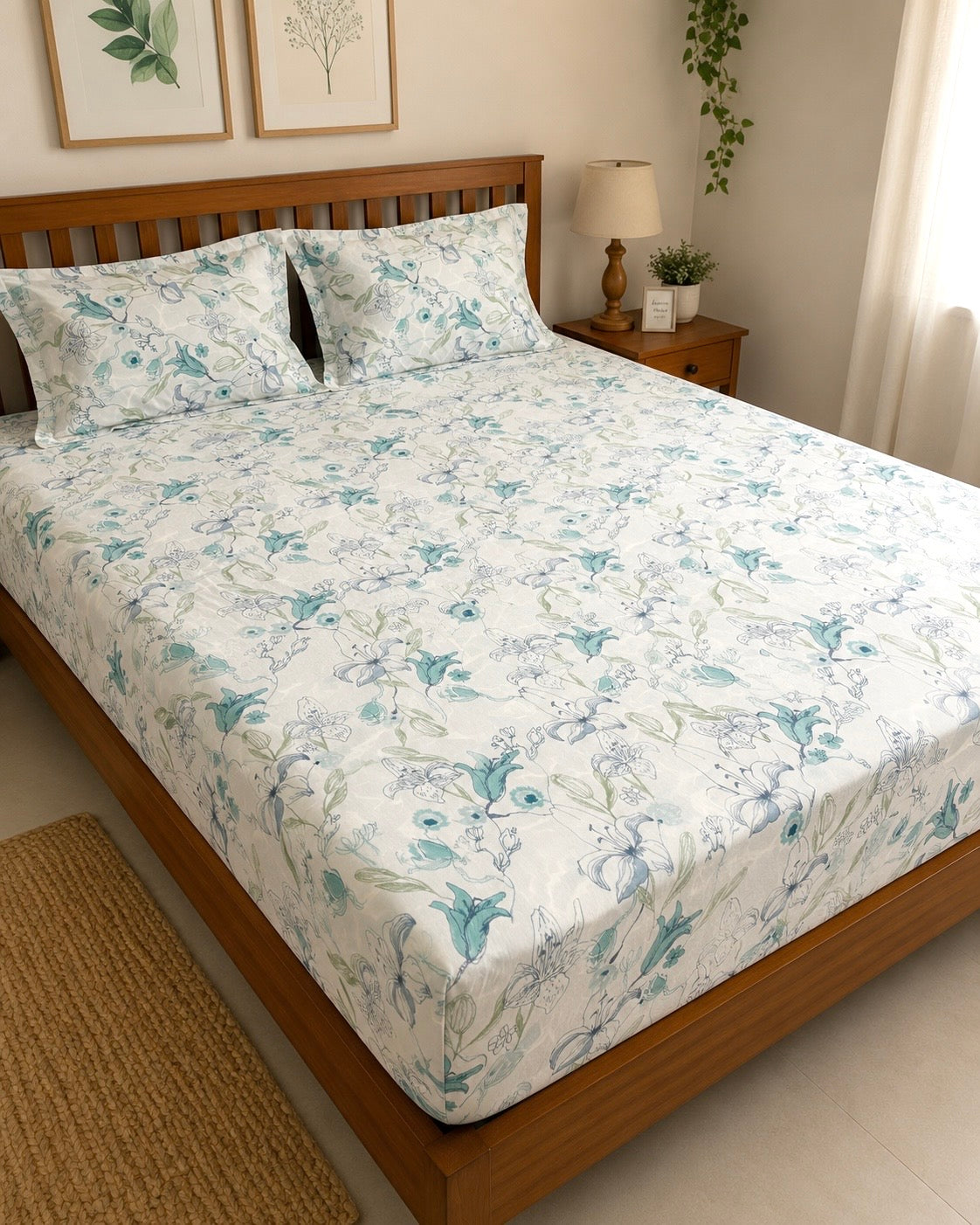 Blue Wild Flower Fitted King Size Bedspreads  75x75x10 inches