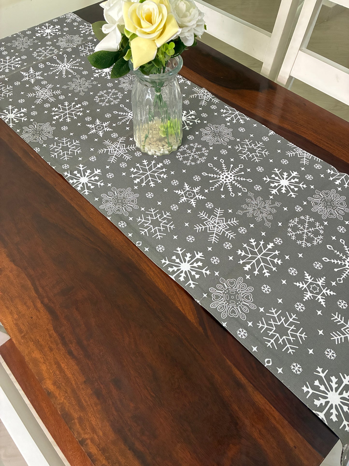 Grey Snow Flakes Table Runner 5.5 ft  long