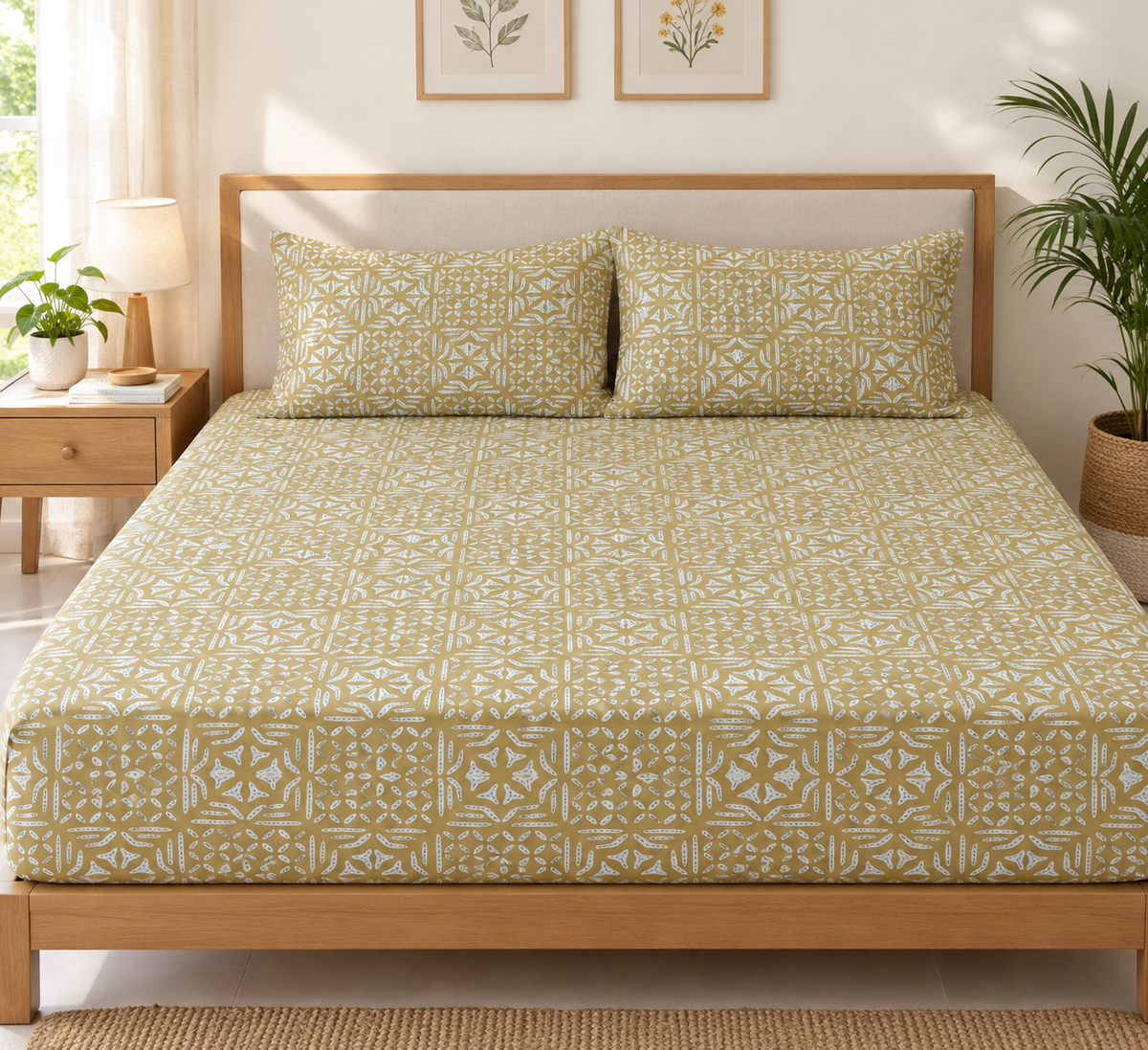 Queen Size Fitted Cotton Bedspread (2 pillow covers)