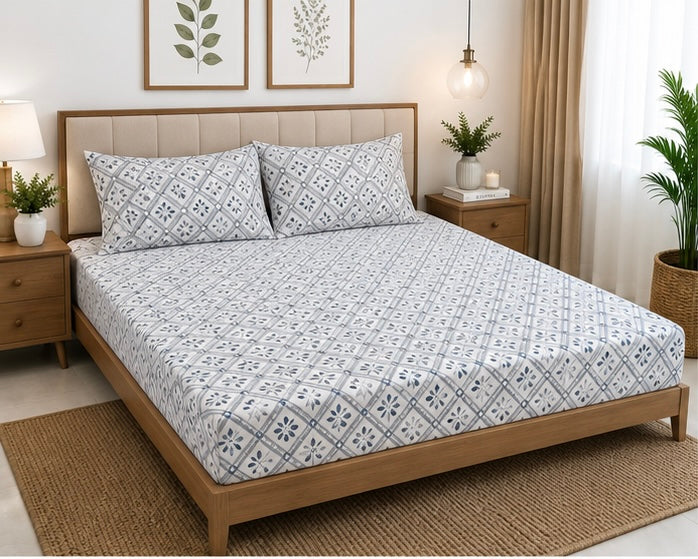 Grey Floral Queen Size Fitted Cotton Bedspread (2 pillow covers)