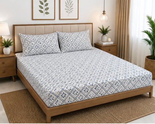 Grey Floral Queen Size Fitted Cotton Bedspread (2 pillow covers)