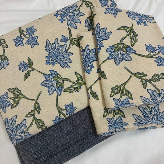 Blue Floral King Size Cotton Bedspread 100x110 in