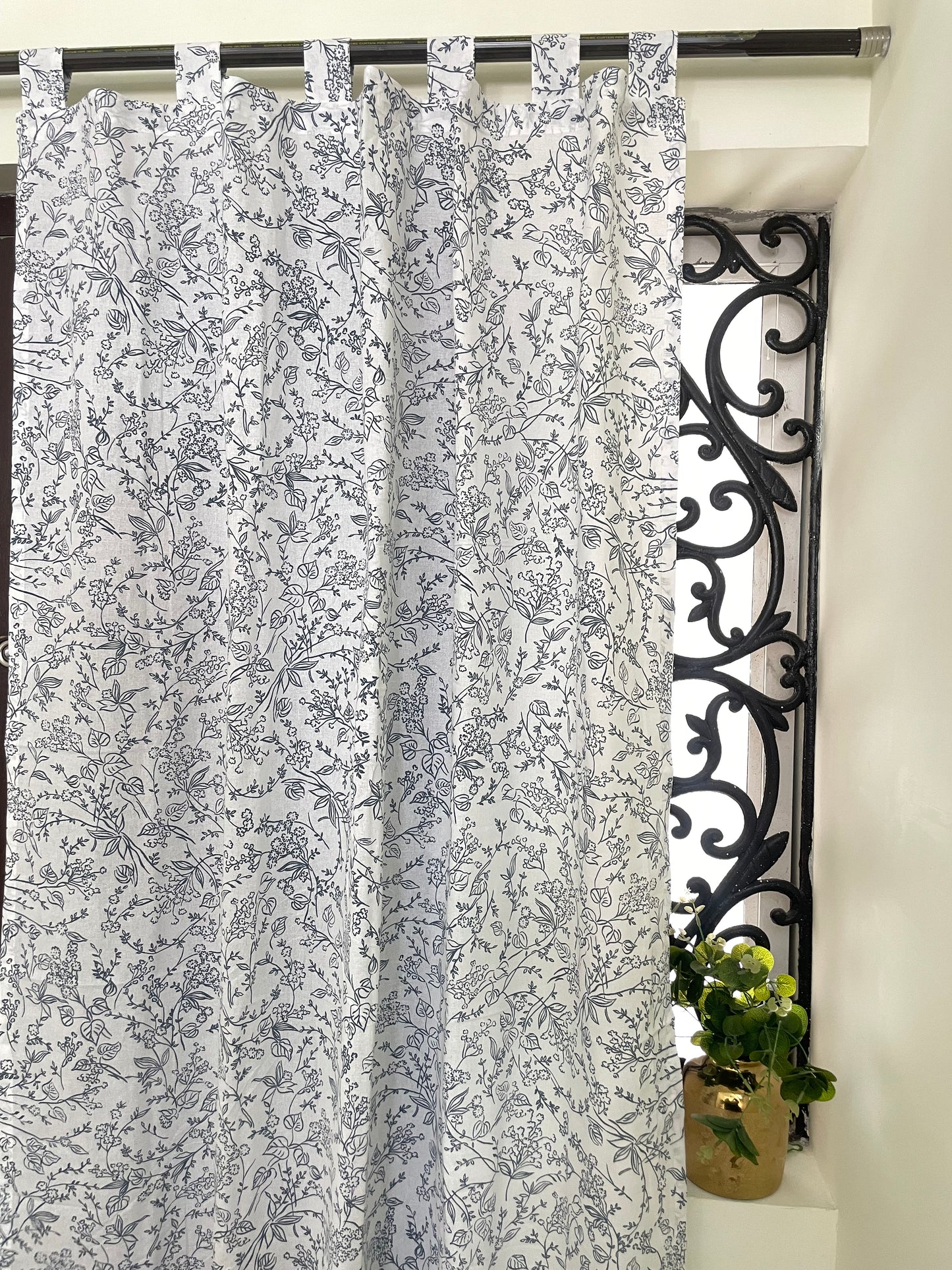 Blue Leaves & Florals Print Cotton Curtains