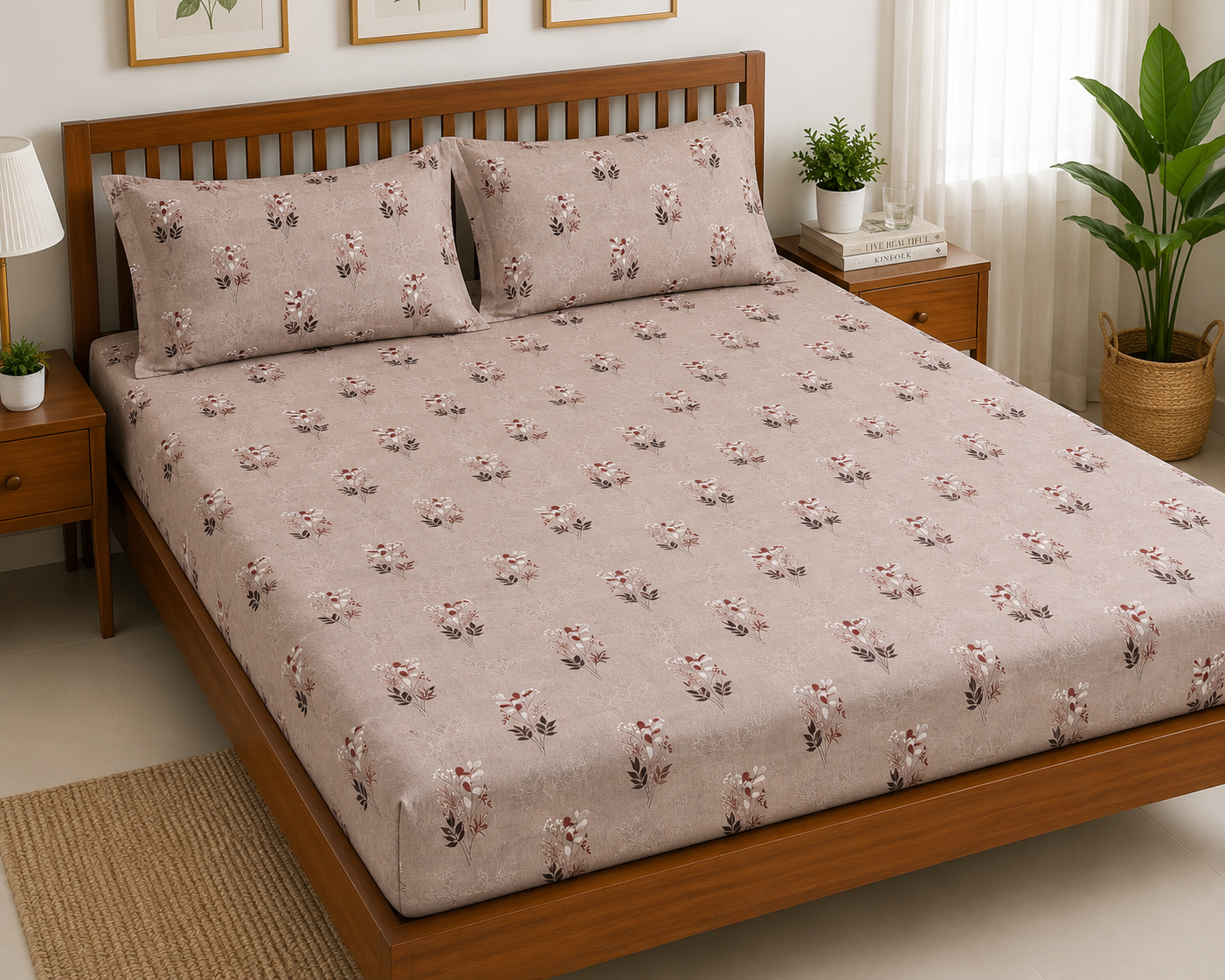 Grey Floral Queen Size Fitted Cotton Bedspread (2 pillow covers)