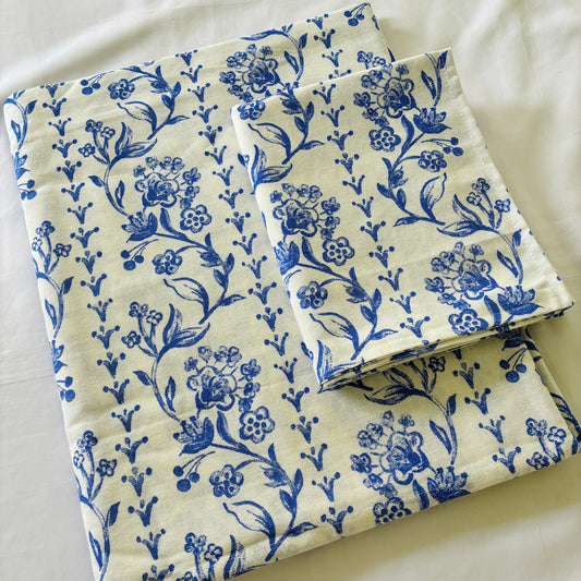 Blue Floral Single Size Cotton Bedspread with 1 Pillow Cover 60 x 90 in