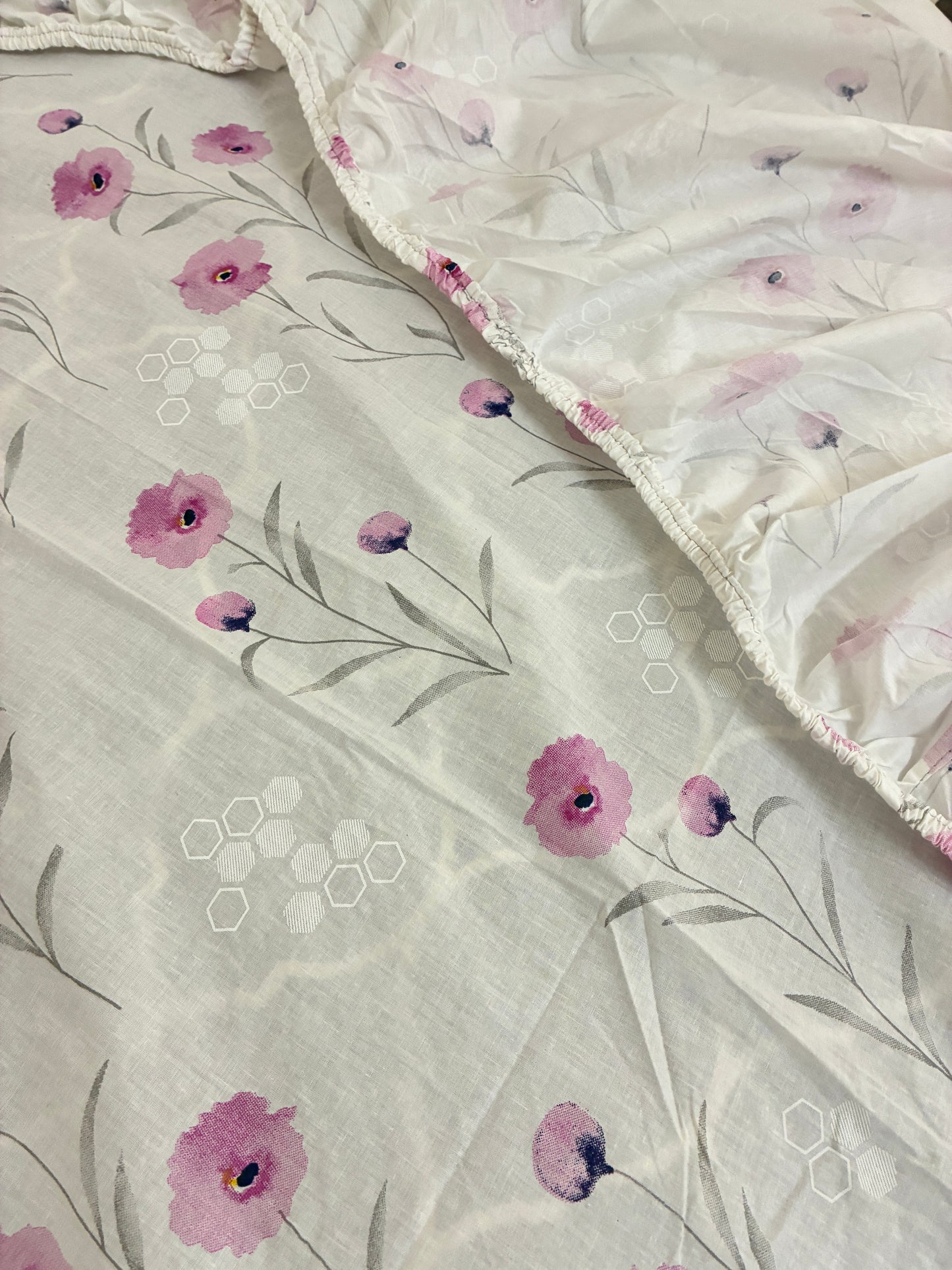 Pink Floral Queen Size Fitted Cotton Bedspread (2 pillow covers)
