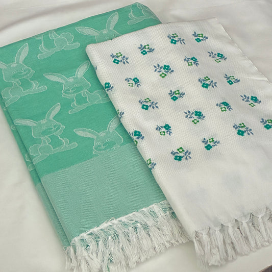 Greenish Blue Rabbit Cotton Single Blanket with Free Towel