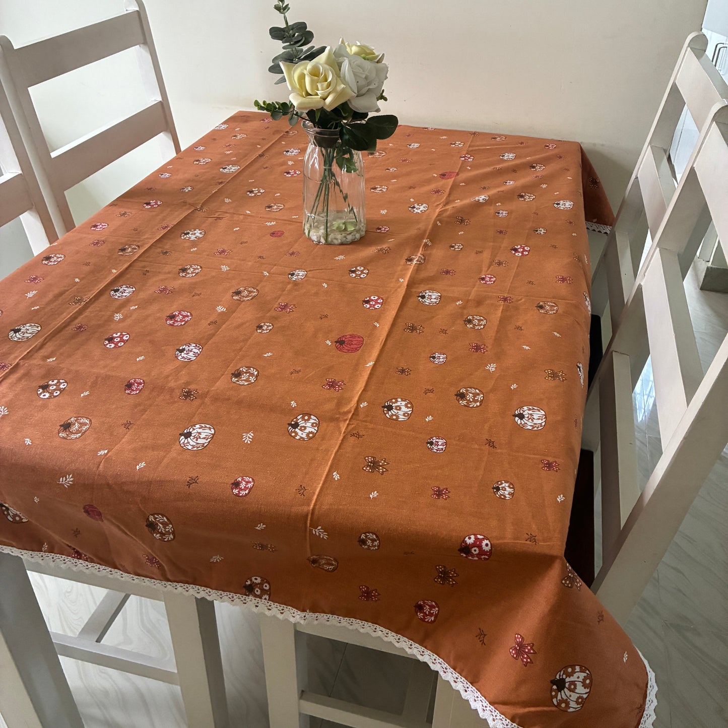 Pumpkin Print 6 Seater Table covers with Lace attached