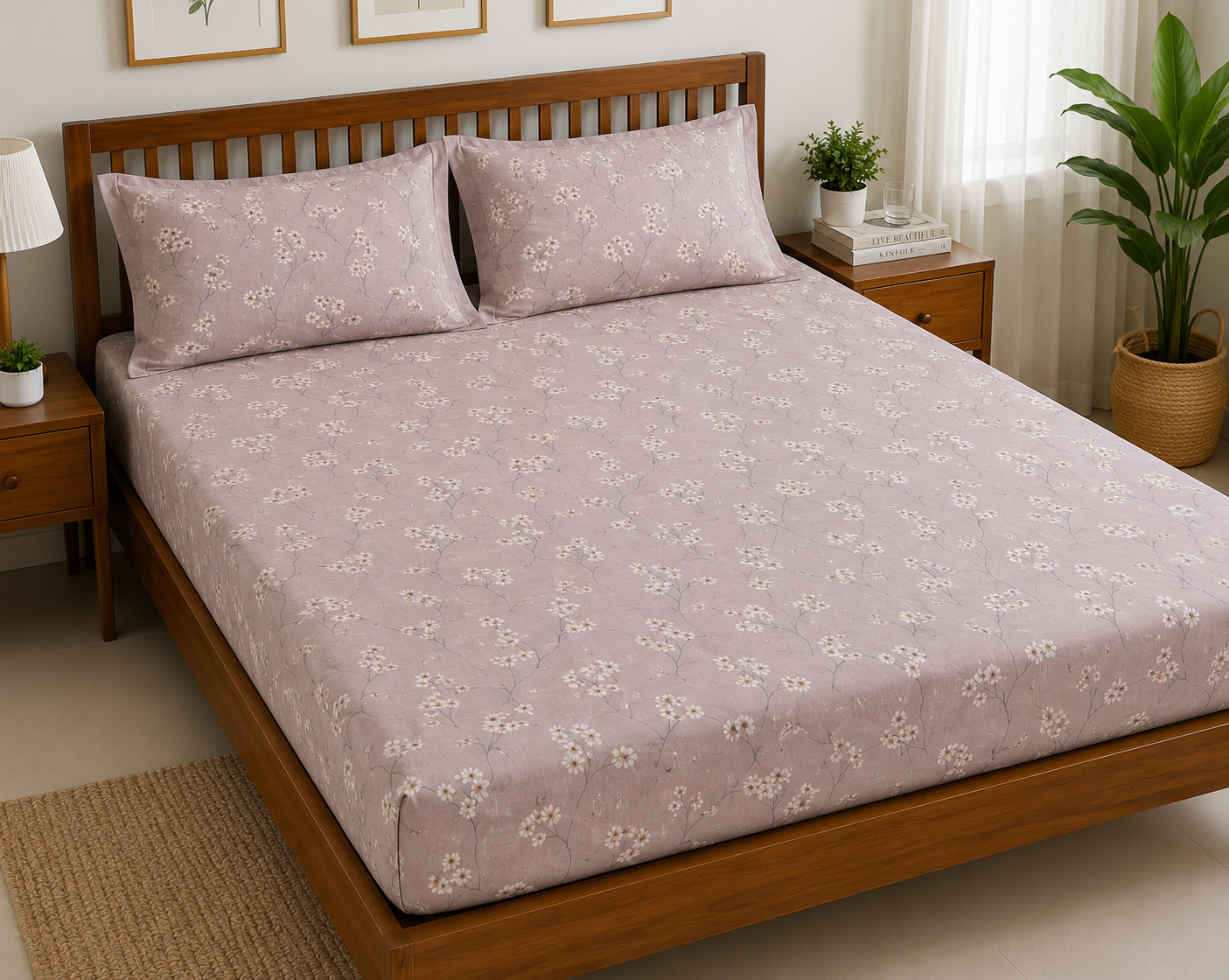 Pink Sakura Queen Size Fitted Cotton Bedspread (2 pillow covers)