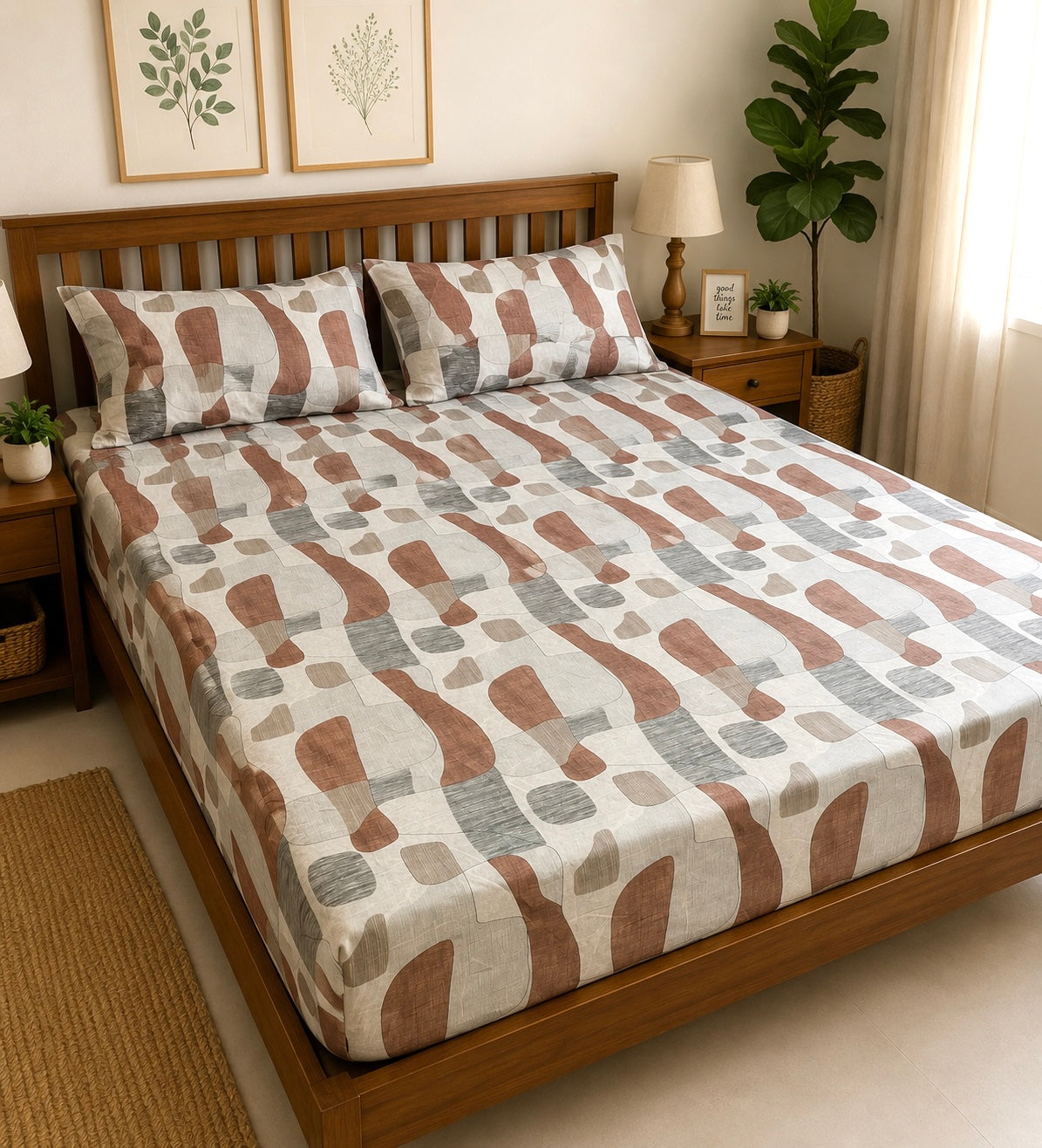 Brown Abstract Fitted King Size Bedspreads  75x75x10 inches