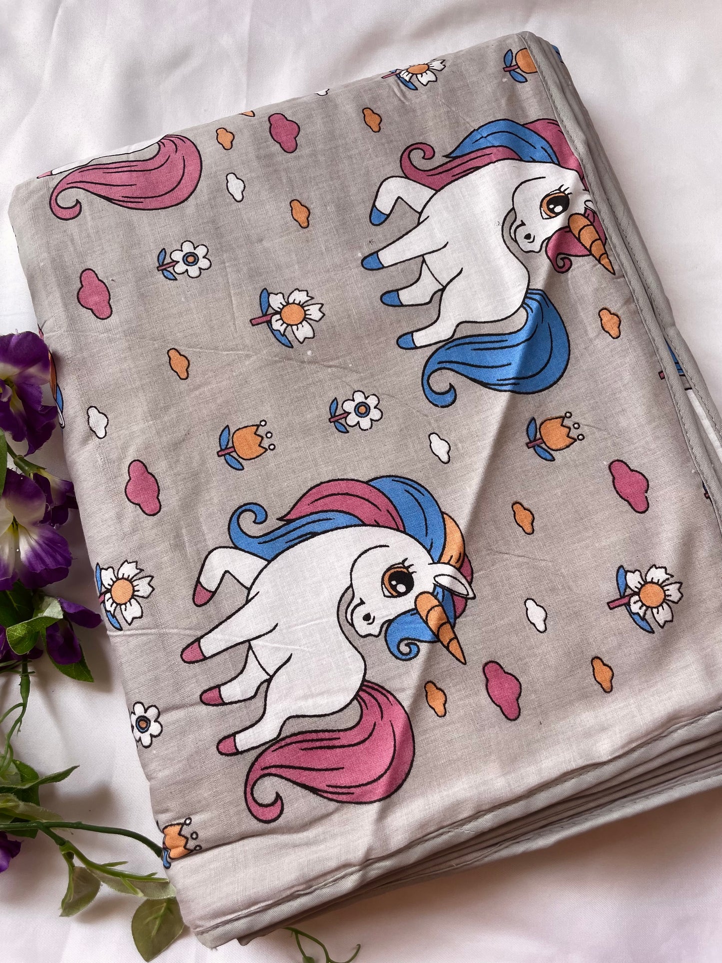 Kids Grey Unicorn Single Size Cotton Dohar