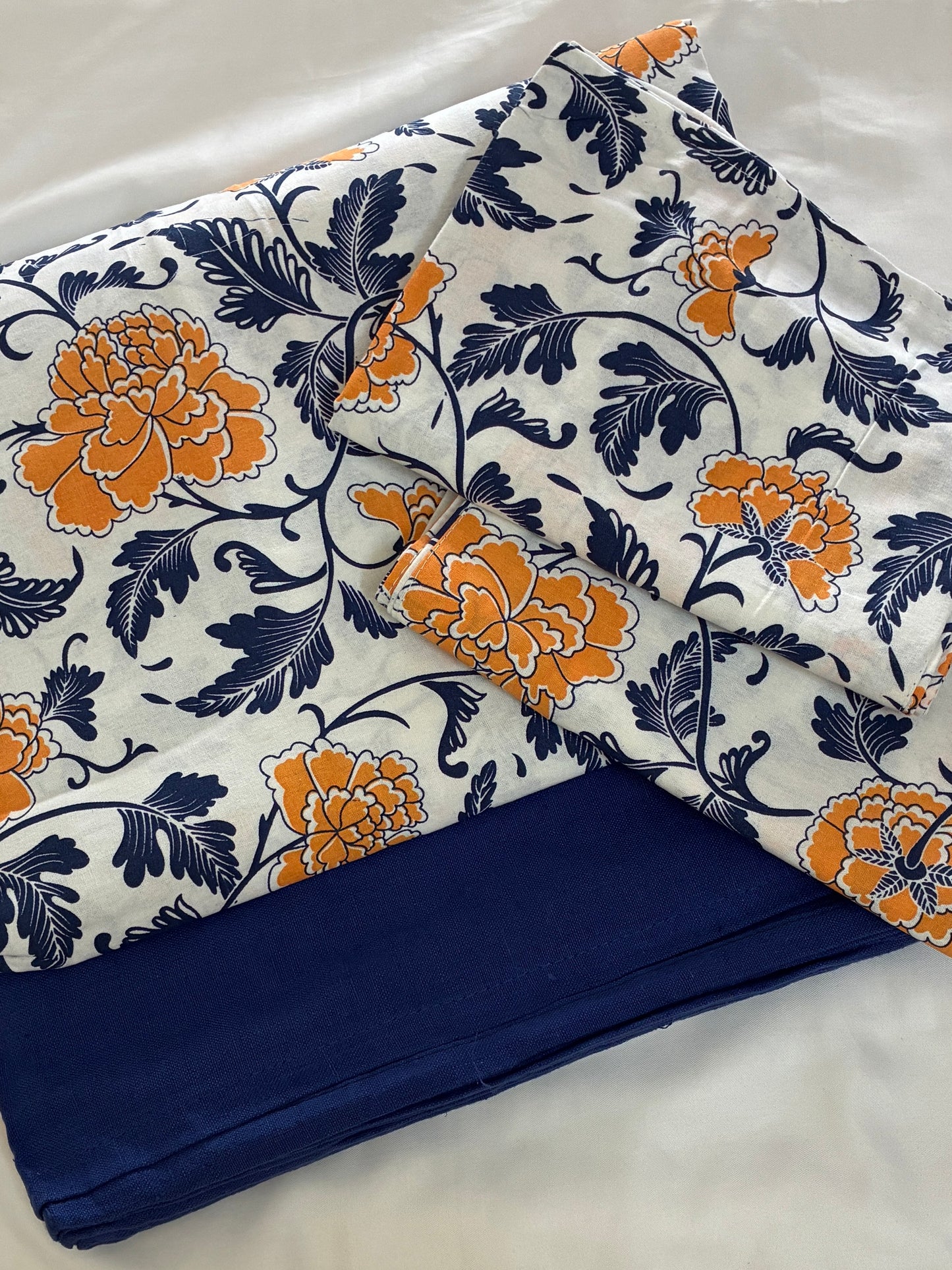 Navy Blue Floral King Size Cotton Bedspread 100x110 in