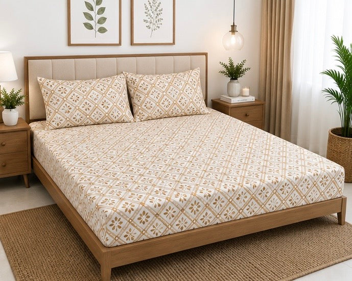 Brown Floral Queen Size Fitted Cotton Bedspread (2 pillow covers)