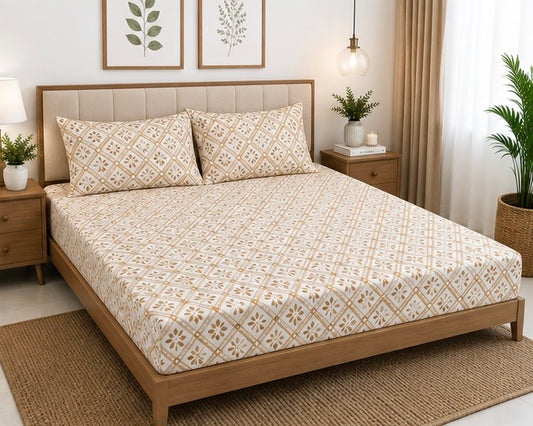 Brown Floral Queen Size Fitted Cotton Bedspread (2 pillow covers)