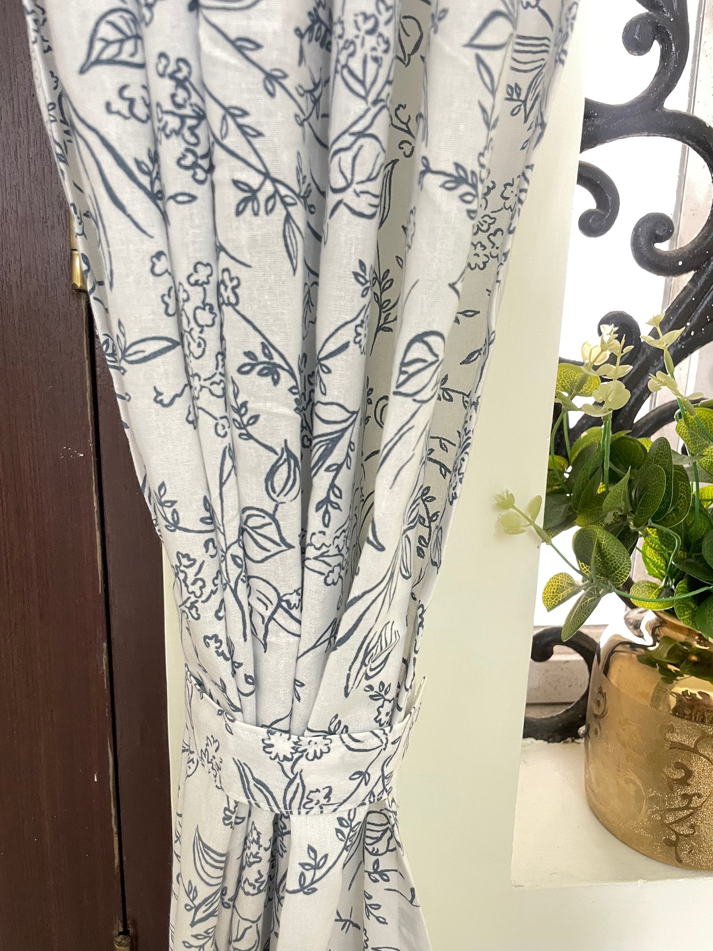 Blue Leaves & Florals Print Cotton Curtains