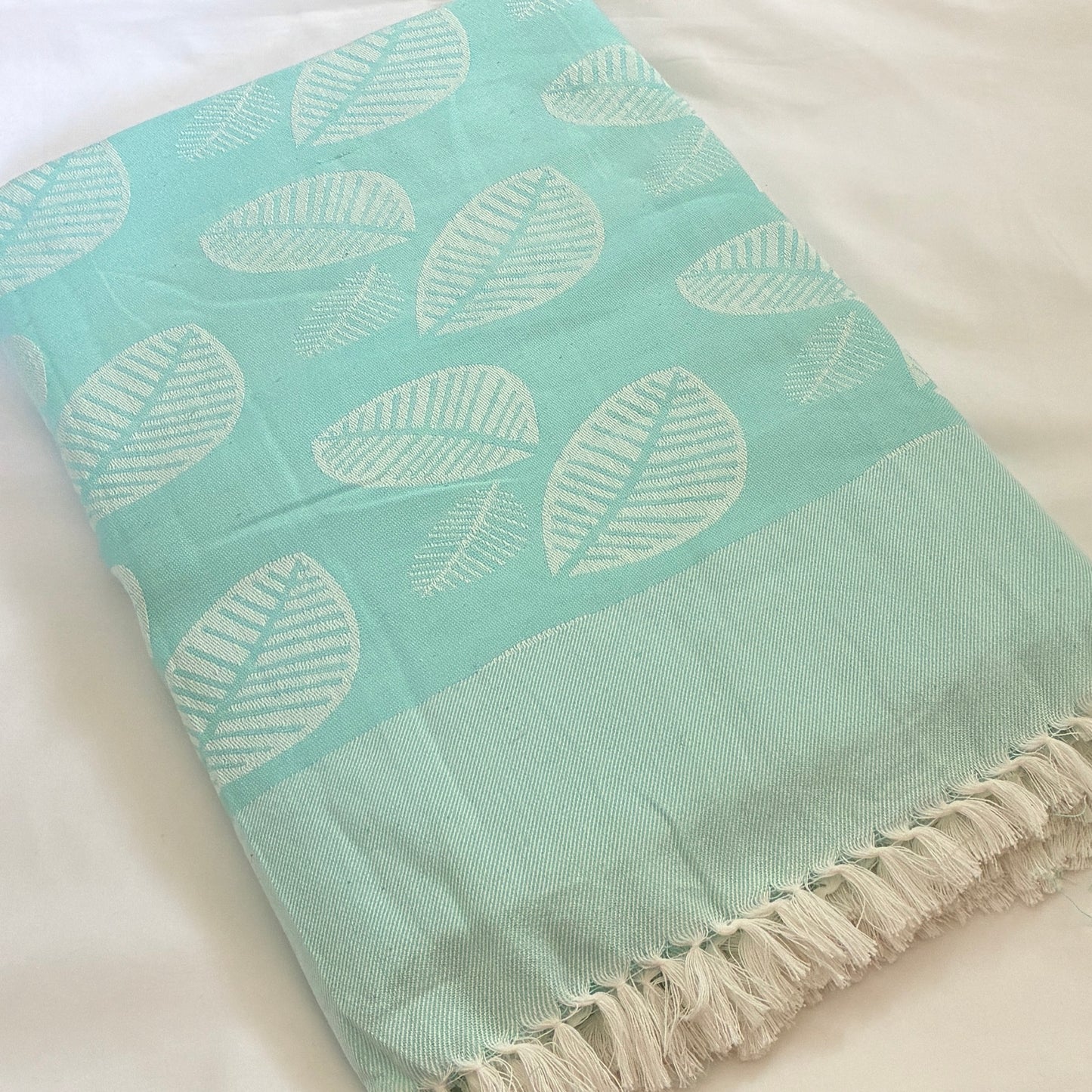 Aqua Leaf Double Size Cotton Blanket