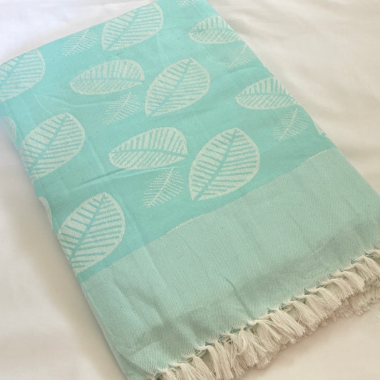 Aqua Leaf Double Size Cotton Blanket