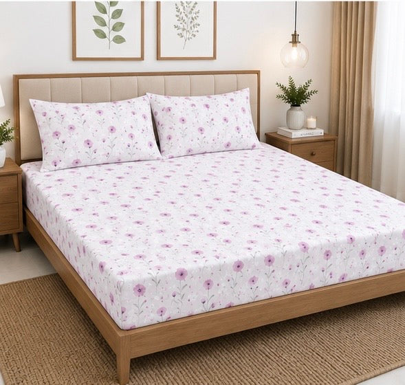 Pink Floral Queen Size Fitted Cotton Bedspread (2 pillow covers)