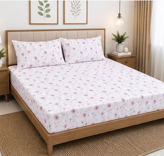 Pink Floral Queen Size Fitted Cotton Bedspread (2 pillow covers)