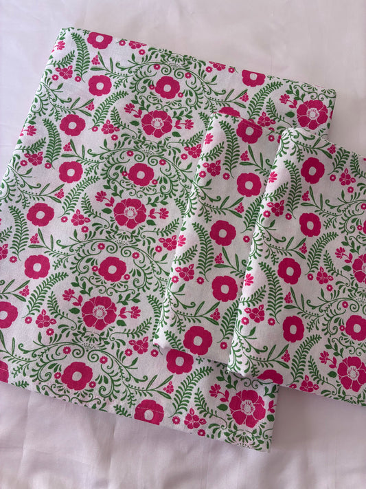 Pink Floral Single Size Cotton Bedspread with 2 Pillow Covers 60 x 90 in