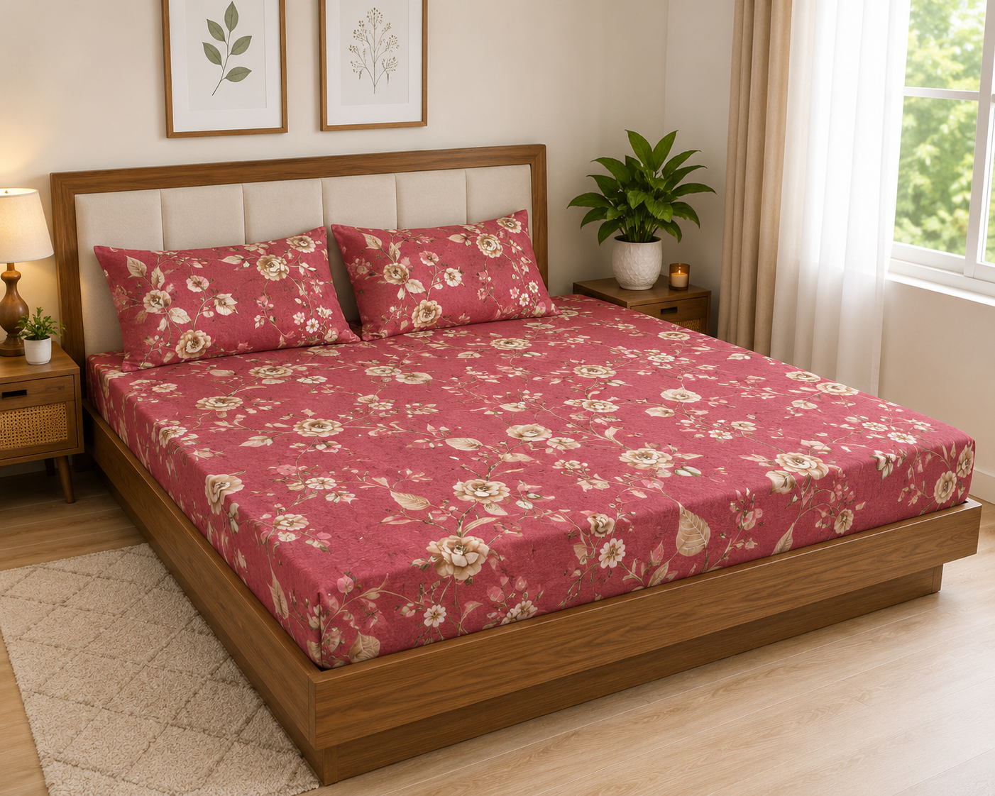 Rose Floral Fitted Cotton Bedspread (2 pillow covers)