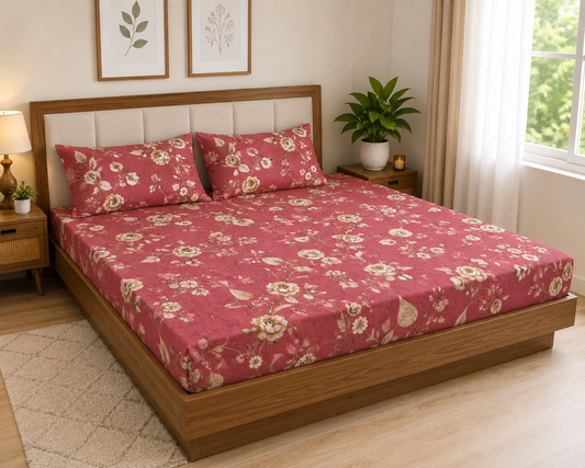 Rose Floral Fitted Cotton Bedspread (2 pillow covers)