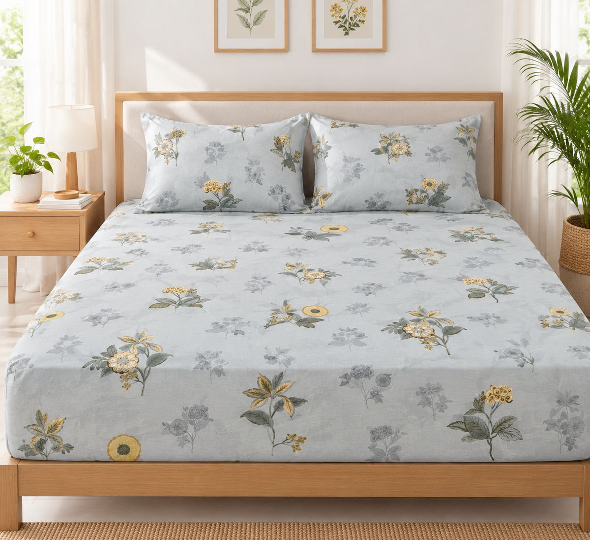 Grey Floral Queen Size Fitted Cotton Bedspread (2 pillow covers)