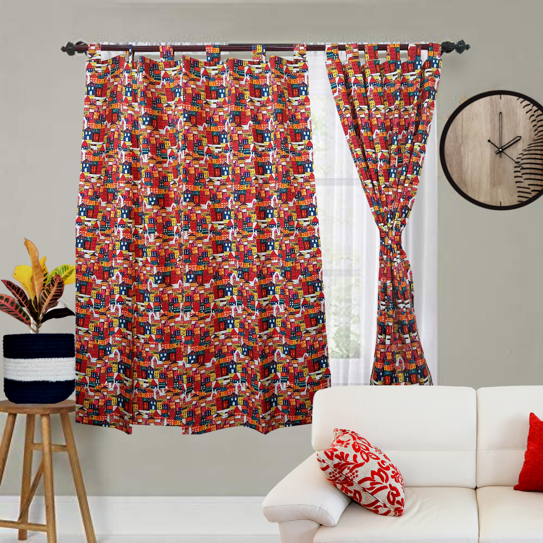 Colourful house Cotton Curtains 7ft pair