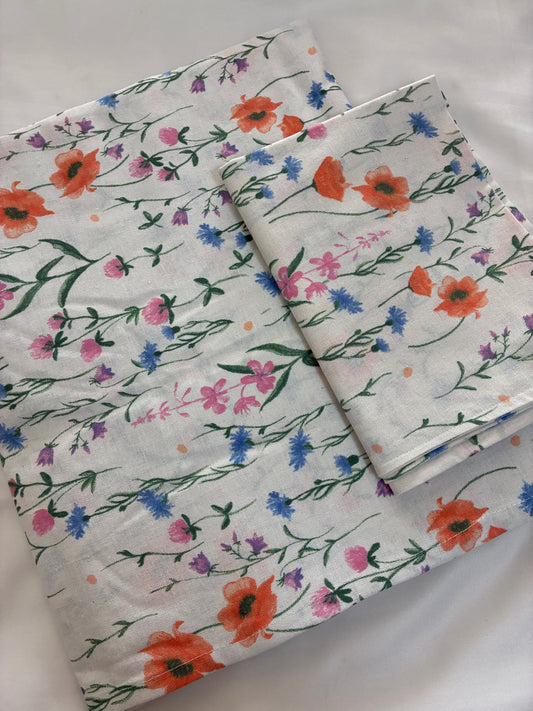White Floral Single Size Cotton Bedspread with 1 Pillow Cover 60 x 90 in