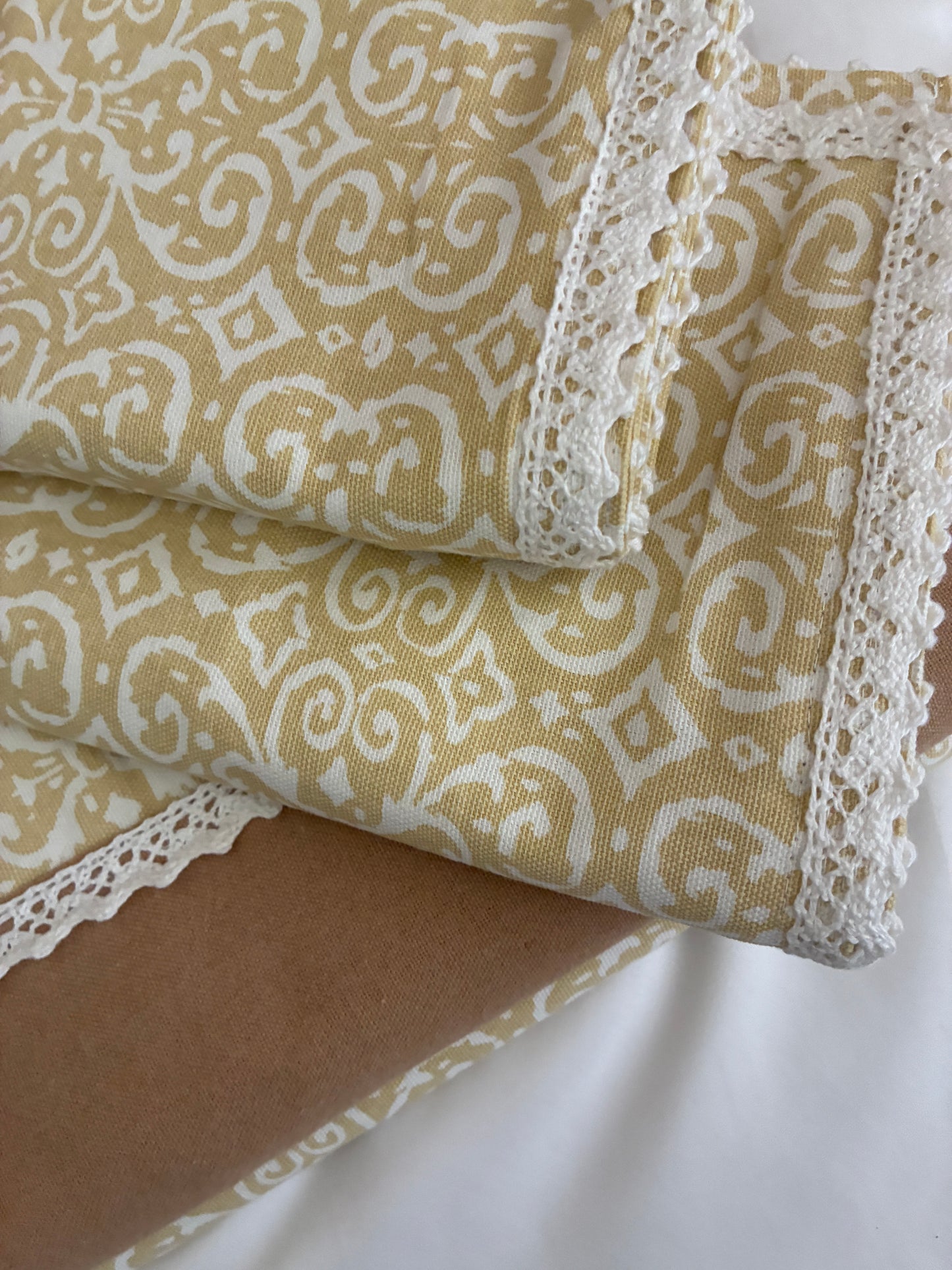 Mustard Motifs Lace King Size Cotton Bedspread 100x110 in